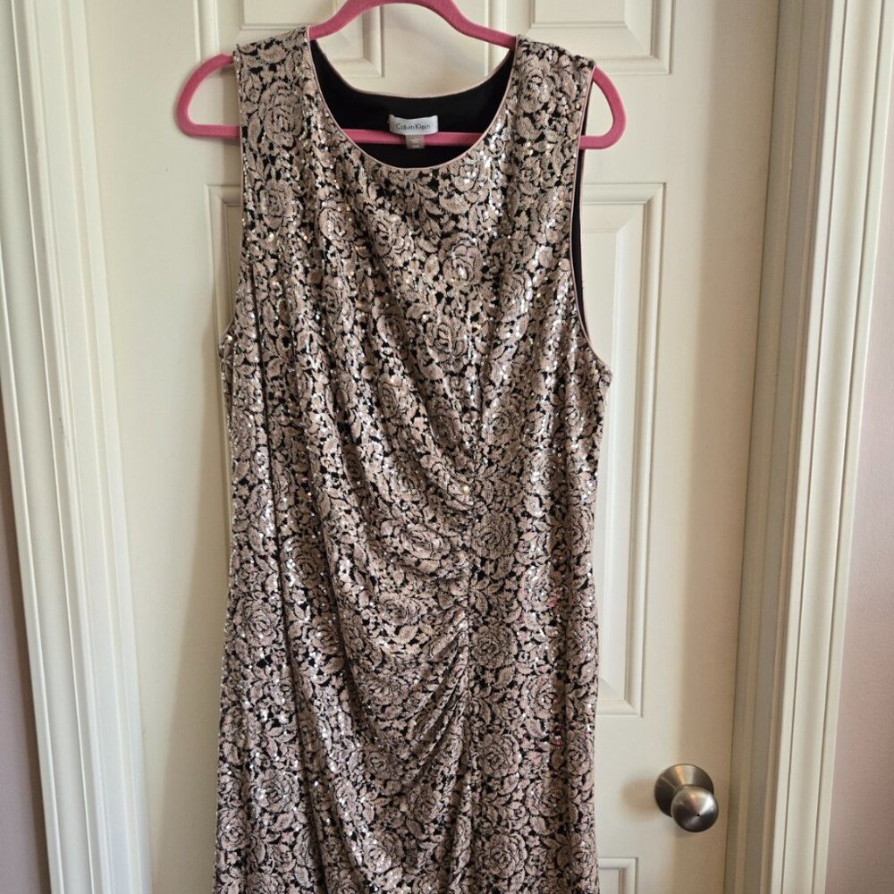 Calvin Klein Sequin Lace Dress 22W Rose Gold Black Cocktail Party Dress